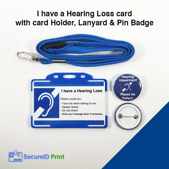 Customisable I'm Deaf Hearing Loss Card with Optional Pin Badge - Blue